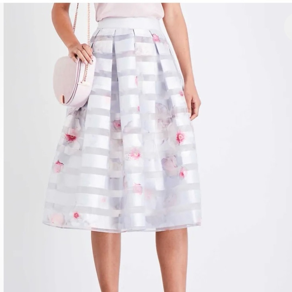 Ted Baker Rosaley Chelsea Grey Pink Satin Organza Midi Skirt Floral Pleated.